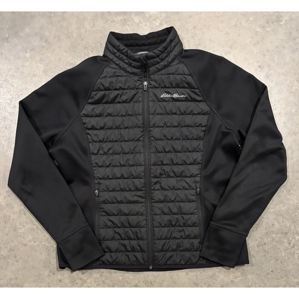 Eddie Bauer Womens XL Black Puffer Jacket Fleece Lined Full Zip